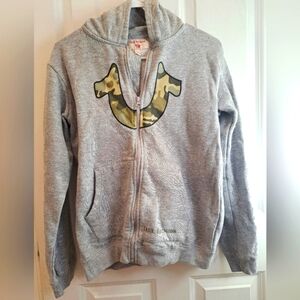 TRUE RELIGION Gray Fullzip Logo Hoodie with Camouflage Horseshoe Design UNISEX